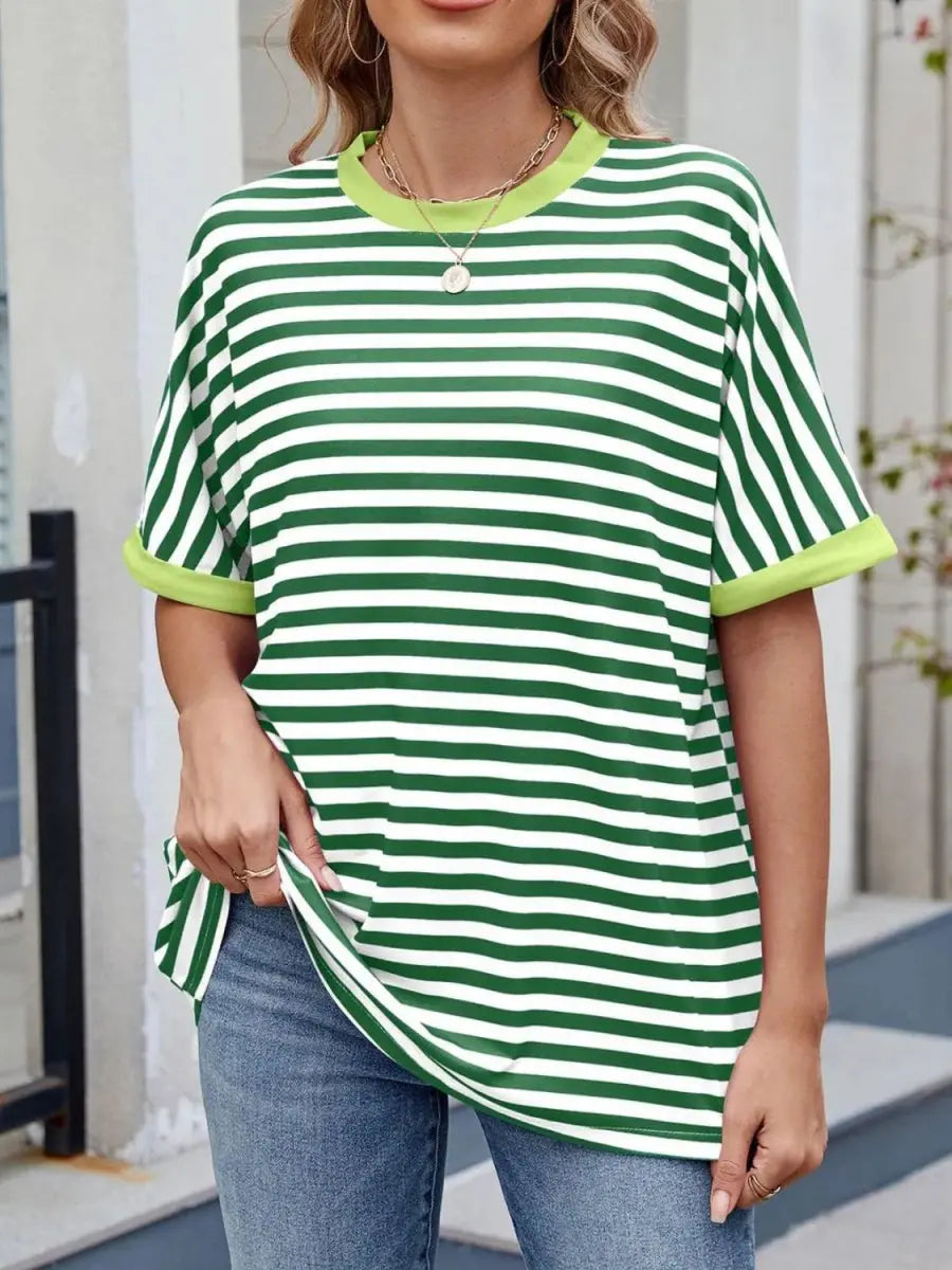 Stylish Striped Round Neck Half Sleeve T-Shirt for Women - Love Salve